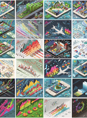 A0196矢量AI设计素材 扁平化Isometric信息图立体表格柱状饼状图