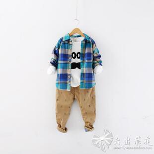 秋冬款男童衬衫羊羔绒加厚衬衣格子衬衫和皇冠裤子