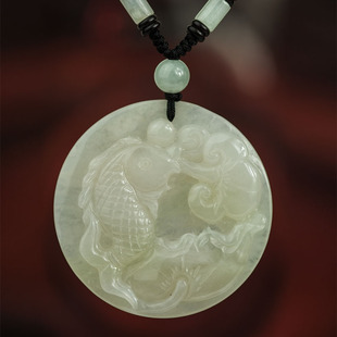 事业有成富裕如意挂件A货玉挂坠玉佩cfs 钰达翡翠莲叶鱼如意项坠