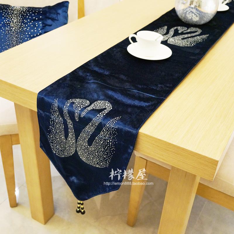 时尚简约婚庆奢华金丝绒天鹅镶钻桌旗床旗餐桌布茶几布盖布艺装饰