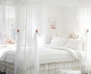 韩国进口宫廷白色多层荷叶边木耳边立体蕾丝花朵婚庆床品套件