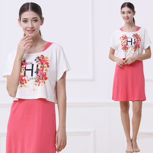 正品欧林雅竹纤维女士家居服睡衣 睡裙 背心裙+短T恤FJ739
