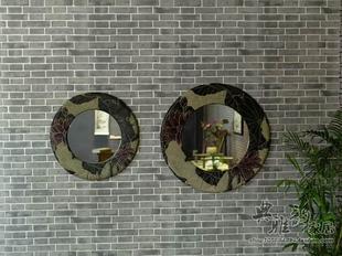 新中式化妆镜仪容镜子复古浴室镜洗手间卫生间挂镜子-荷花（圆）