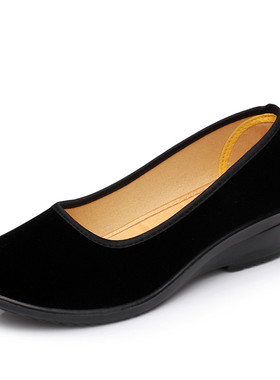 正品老北京布鞋透气女鞋平底坡跟单鞋低帮黑色工装防滑酒店工作鞋