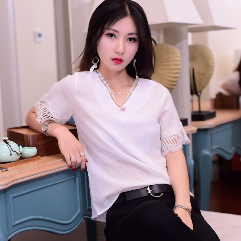 夏季新款T恤女装上衣V领女式衣服夏小衫宽松大码夏装女短袖蕾丝衫在类目 女装/女士精品, 蕾丝衫/雪纺衫中 - 来自Buy2taobao.com提供专业的淘宝代购服务