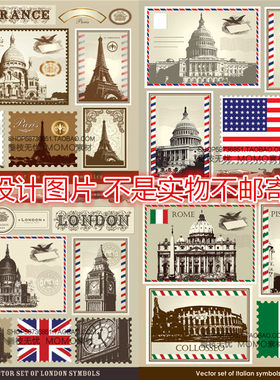 A3364矢量复古明信片邮票建筑美国法国伦敦意大利图案 AI设计素材