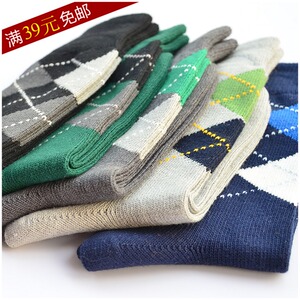 秋冬款加厚保暖长筒男士袜子 棉质商务休闲运动袜 防臭格纹袜