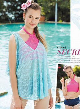 正品华黛思保守游泳衣女肚兜比基尼平角防晒纱衣罩衫裙95307玫蓝