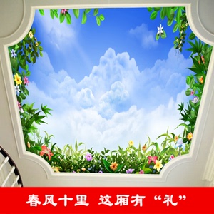 3d立体壁纸电视背景墙纸吊顶天花板蓝天白云客厅田园风景大型壁画