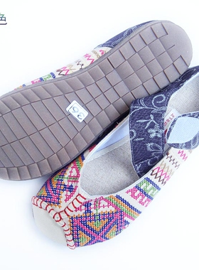 新款足下有福正品绣花鞋民族风牛筋底女鞋老北京女布鞋D753米色