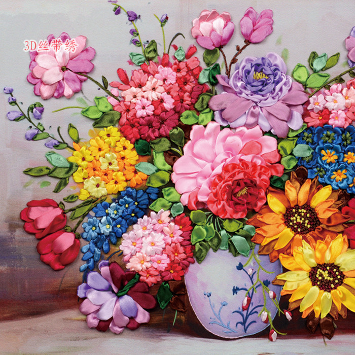 包邮 新款丝带绣挂画大 繁华 鸟语花香客厅3d印花立体十字绣新品