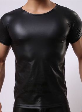 包邮男士性感 紧身内衣短袖圆领PUT恤  仿皮漆皮酒吧表演舞台服