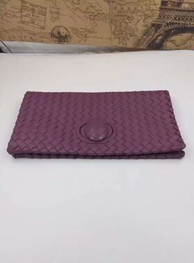 二手奢侈品 BV葡萄紫 圆扣小牛皮编织女士手拿包晚宴包 内里麂皮