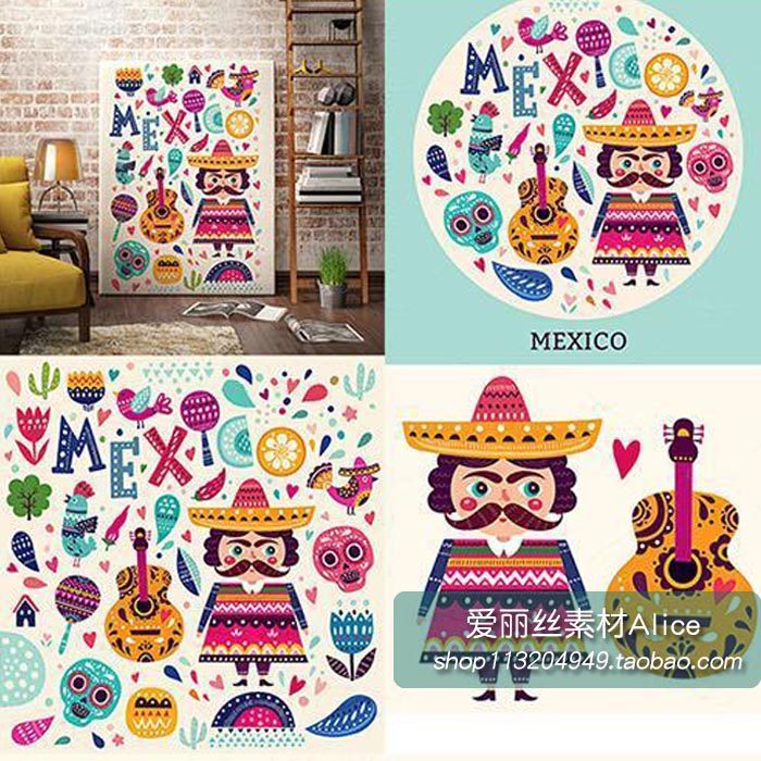 [167]卡通扁平化墨西哥插画小鸟花朵人物仙人掌 AI矢量设计素材