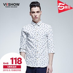 2015 spring/summer viishow new white cotton shirts printed cropped sleeves shirt shirt slim