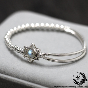 925纯银手链 六芒星 灰月光石弹力手链 双层弯管时尚韩版女款礼物