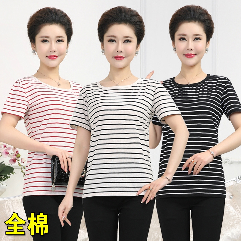 中老年女装夏装上衣中年妇女条纹短袖纯棉T恤妈妈装全棉女式汗衫