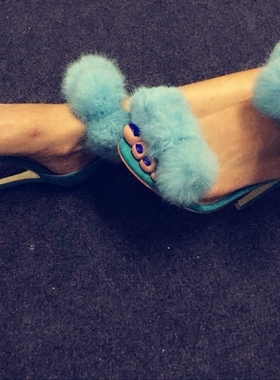 silla rulers女鞋凉鞋蓝色兔毛毛球超高跟走秀鞋舞台夜店鞋11厘米