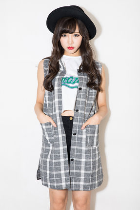 休闲韩版宽松长款<em>马甲女春</em>2015 <em>单</em>排扣格子显