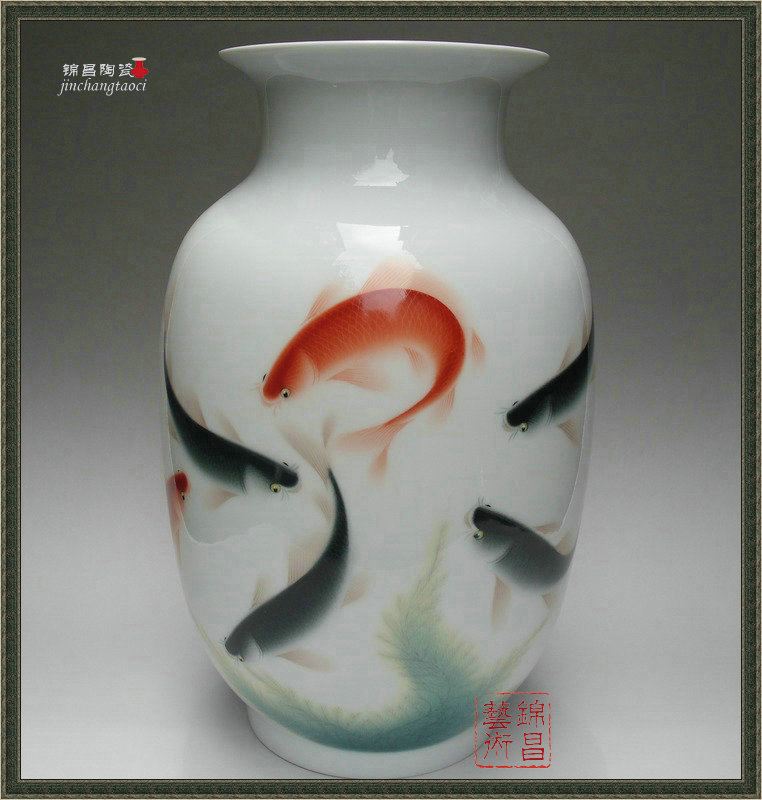 家居饰品瓷器景德镇名人作品现代艺术陶瓷粉彩台面花瓶富贵有鱼