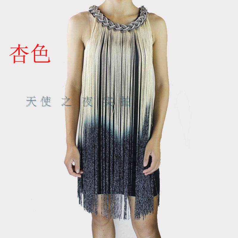 新款欧美重工大项链渐变色长流苏无袖时尚气质显瘦包臀礼服连衣裙