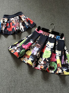 秋冬新巴黎时尚猫小姐喵星人印花太空棉百搭蓬蓬亲子百褶半裙伞裙