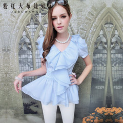 Shirt Pink large doll summer 2015 Lotus Leaf collar waist big bubble light blue short sleeve shirt