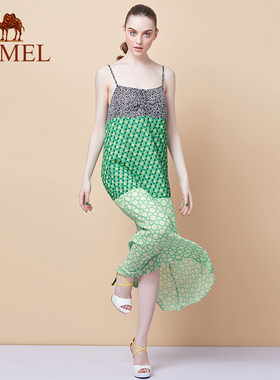 【非卖品】camel女装拼接性感吊带长裙圆点绿色雪纺连衣裙