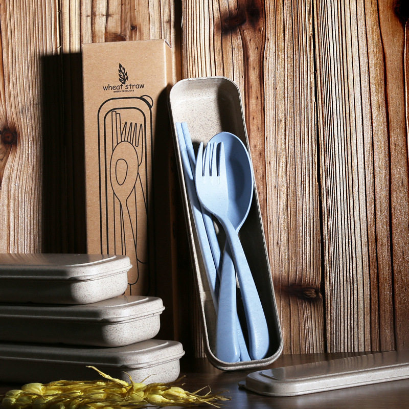 秸秆麦料筷子勺子叉子便携餐具户外旅行携带学生便携餐具盒三件套