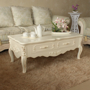 欧式 田园描金银象牙白色小户型实木仿大理石桌面 简约客厅茶几韩式