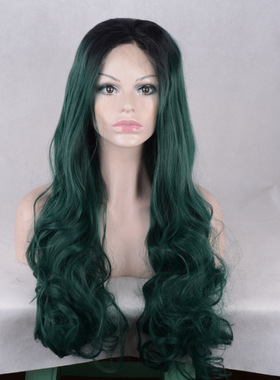 墨绿色长卷发 欧美流行lace front wigs半手织化纤前蕾丝假发头套