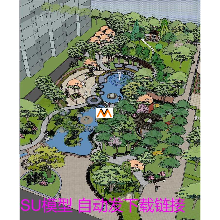z287住宅小区中央公园广场园林绿化景观设计小区小品跌水景su模型