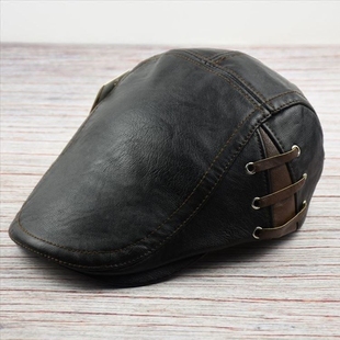 新品pu皮鸭舌帽复古青中年帽子英伦风男帽精品男士导演帽时尚