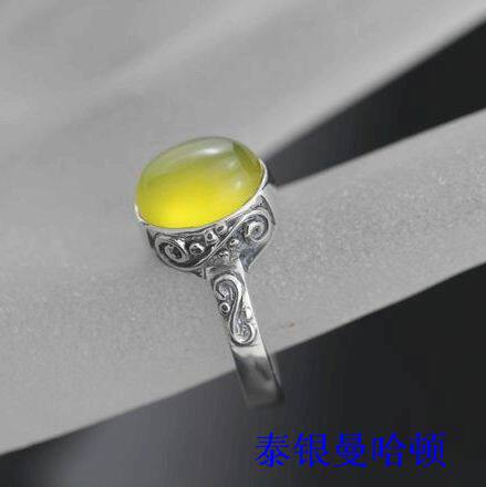 泰银 925纯银 手工 曼谷正品黄玉髓椭圆面戒指13-16