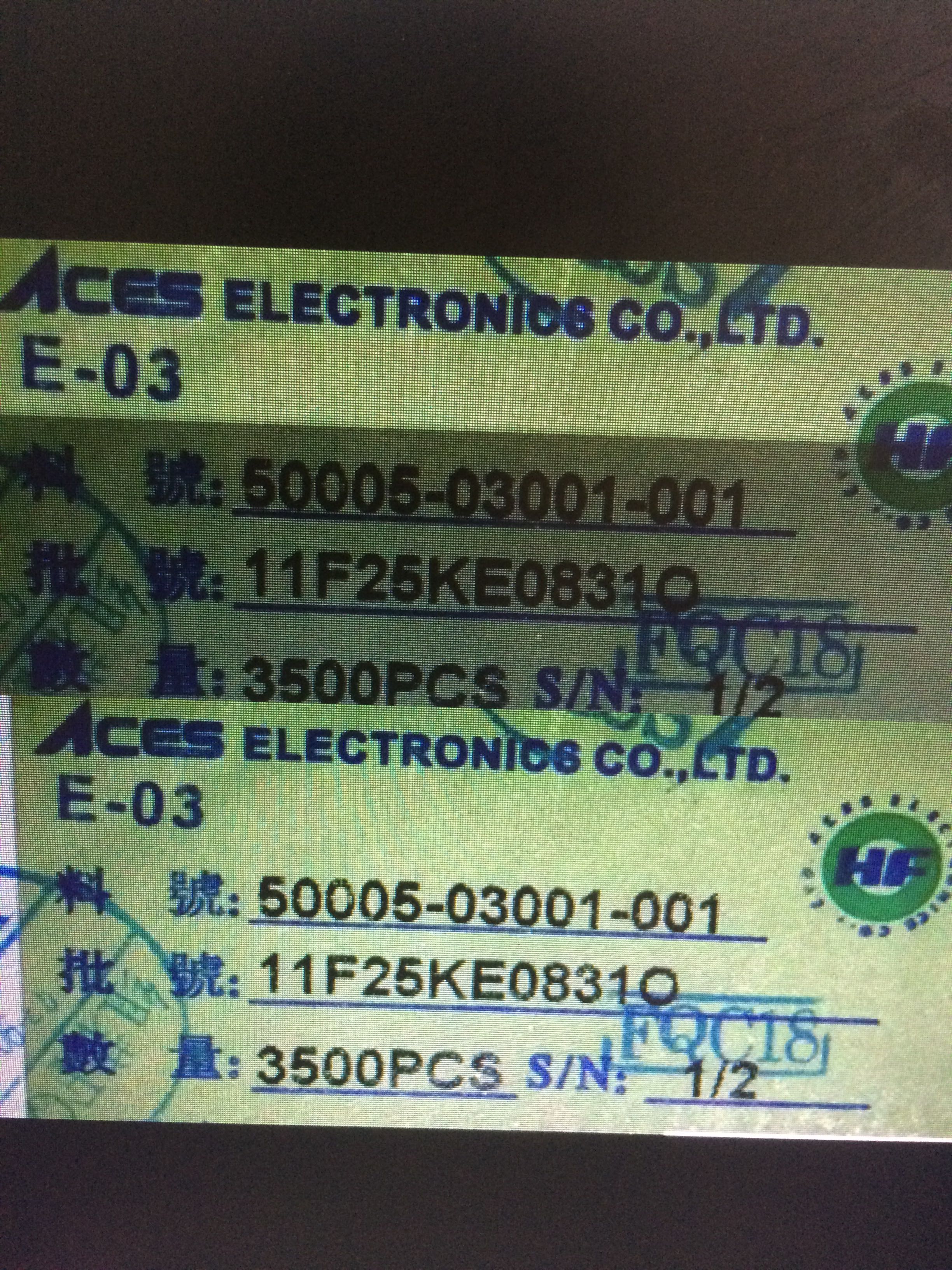 ACES宏致连接器 50005-03001-001 刺破式连接座子 深圳仓储