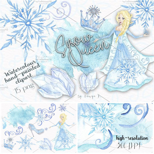 [250]PS平面设计素材 高清水彩冰雪奇缘人物雪花png免抠图