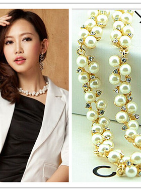 韩版配饰珍珠双层短款耳钉毛衣链