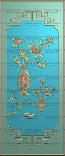 高清精雕图灰度图浮雕图1牡丹花瓶门板318x756特价梅花桃子柿子