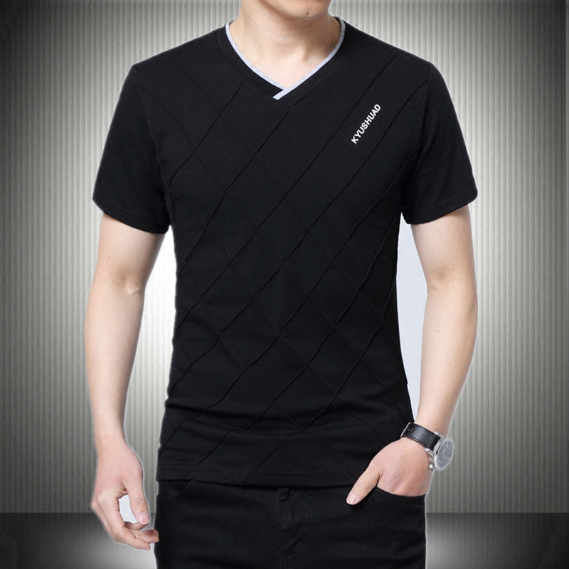 全棉短袖t恤v领夏季气质体恤男士装时尚都市胖大码青年黑色体桖衫