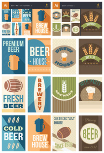 AI设计素材 A1242矢量扁平化食物图标啤酒酒吧LOGO海报模板