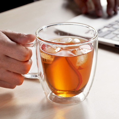 创意风带手柄隔热双层透明咖啡杯