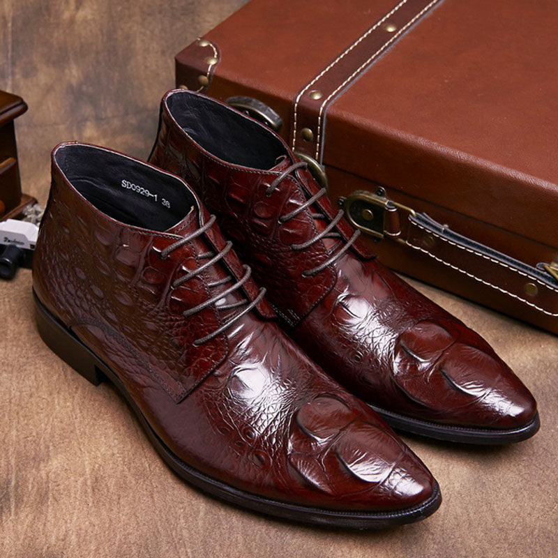 意大利鳄鱼纹牛皮男高帮皮鞋潮流商务短靴真皮尖头工装靴潮马丁靴
