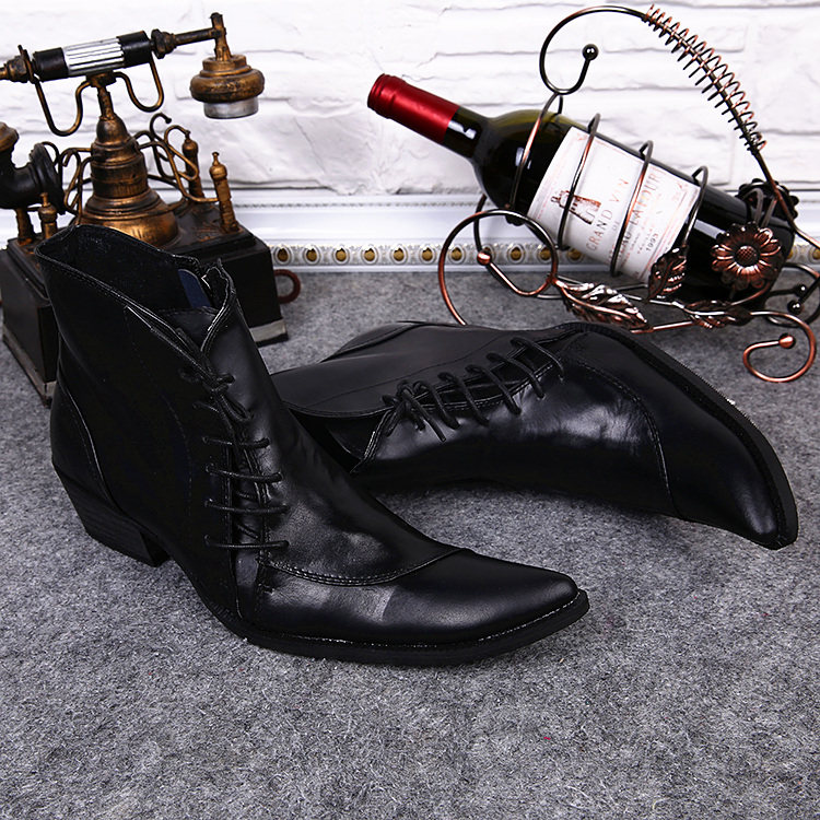 外贸时尚真皮皮靴 系带高档透气秋季高跟尖头美发师男鞋男靴矮靴