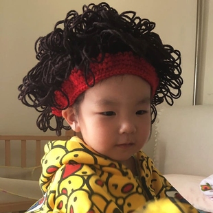 潮爆炸头假发帽子男童女童手工毛钩织线帽男女童春秋冬加厚宝宝帽