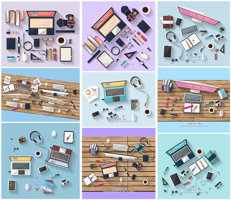 A2434矢量扁平化工作台banner办公笔记本文具电子设备 AI设计素材