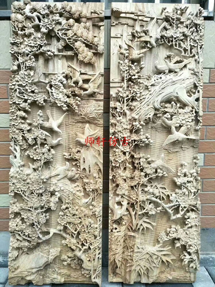 东阳木雕工艺品中式装饰红木手工深雕梅花鸟花板酒店大堂壁挂定制