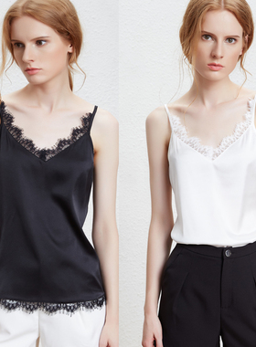 2024新款黑白色真丝缎面吊带背心V领蕾丝内搭宽松大码小上衣女夏