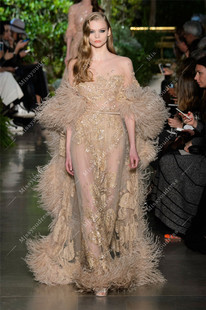 新款 进口蕾丝鸵鸟毛香槟色拖尾新娘舞台表演走秀红毯晚礼服定制