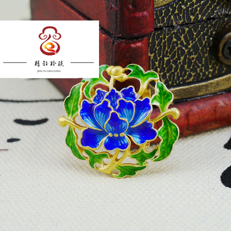 精钰玲珑 925银花丝珐琅掐丝烧蓝饰品diy配件 鎏金大牡丹吊坠胸针