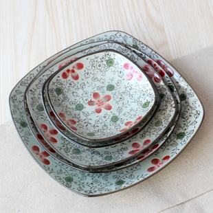 大平盘菜碟子骨头碟子 8寸圆角方盘 日式 和风手绘釉下彩陶瓷盘7寸